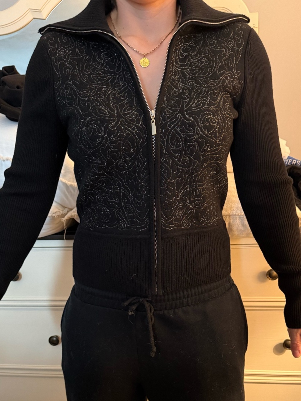 White House Black Market Black Zip Up Sweater Jacket Embellished Front Size M